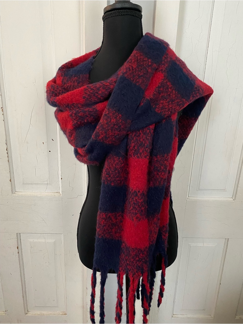 Cozy Red and Navy Plaid Fringe Scarf